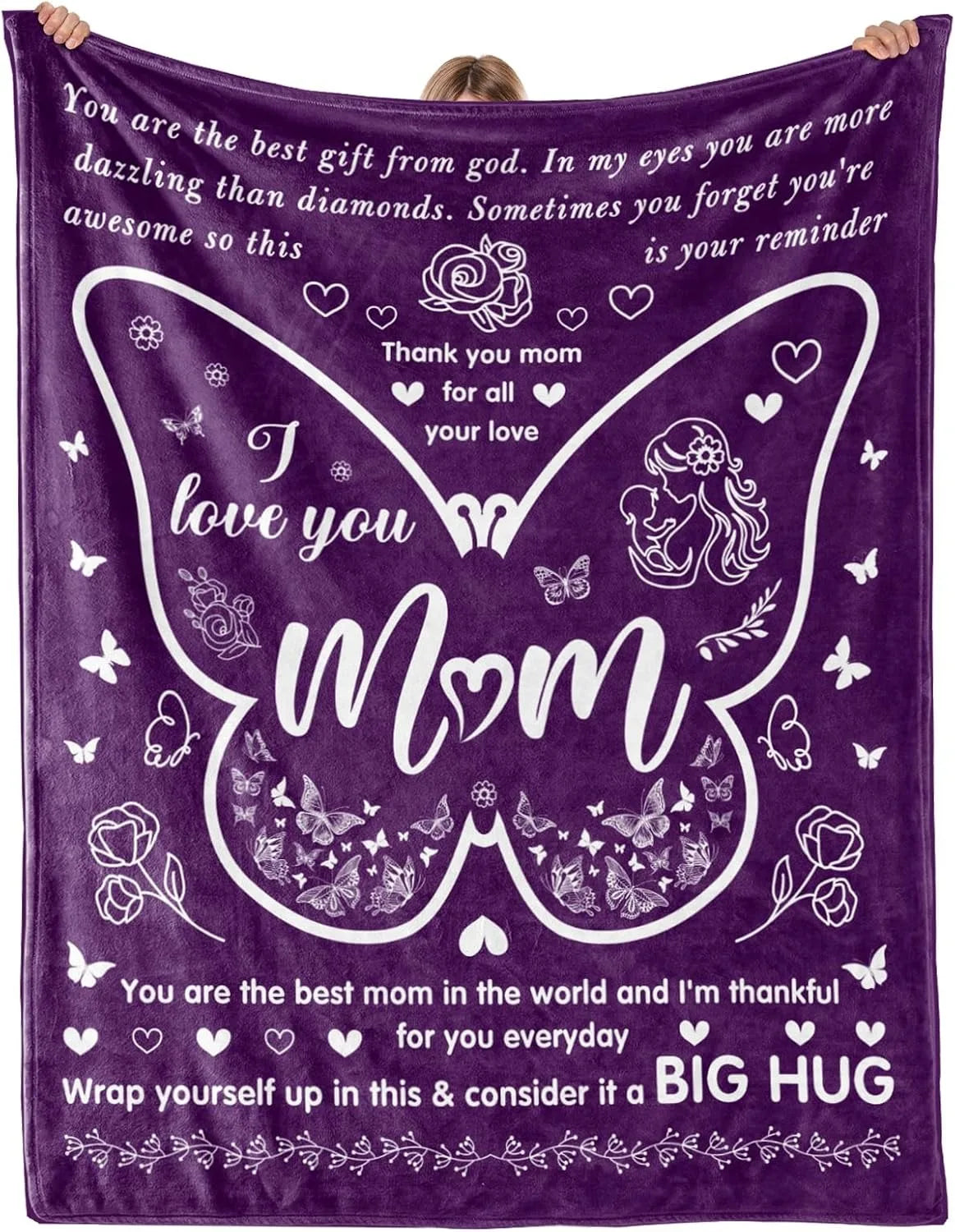 Purple flannel throw blanket with a butterfly design and loving messages for mom