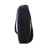 Black fabric school bag with a purple animal design and black straps