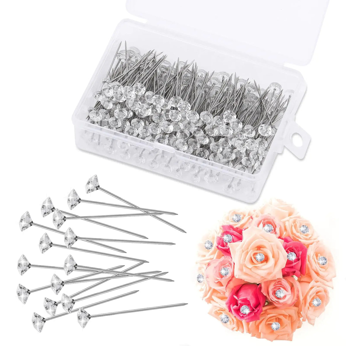 A clear plastic box filled with silver diamond pins and a set of rose-colored floral pins.