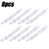 Eight white adjustable bed sheet grippers with clips.
