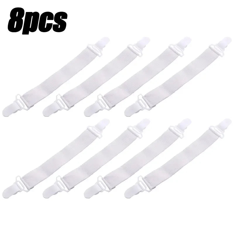 Eight white adjustable bed sheet grippers with clips.