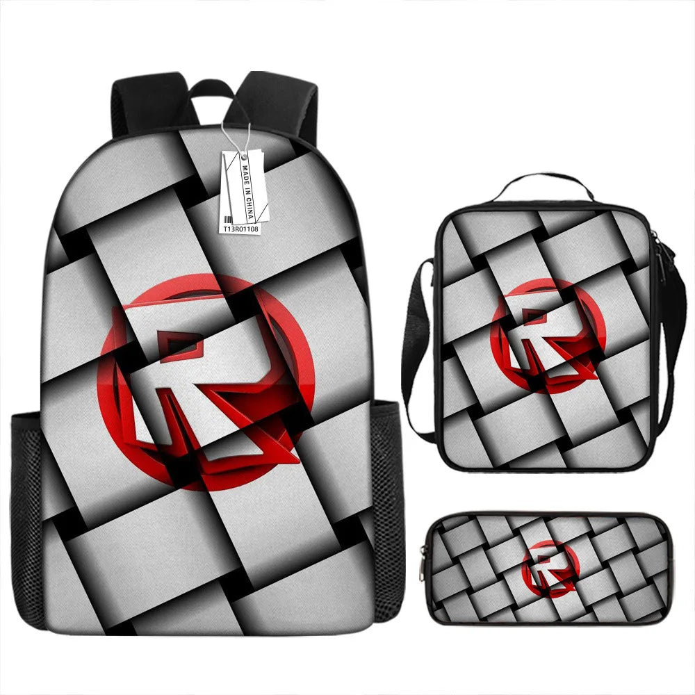 A gray and black woven backpack and matching pouch featuring a red retro cartoon logo