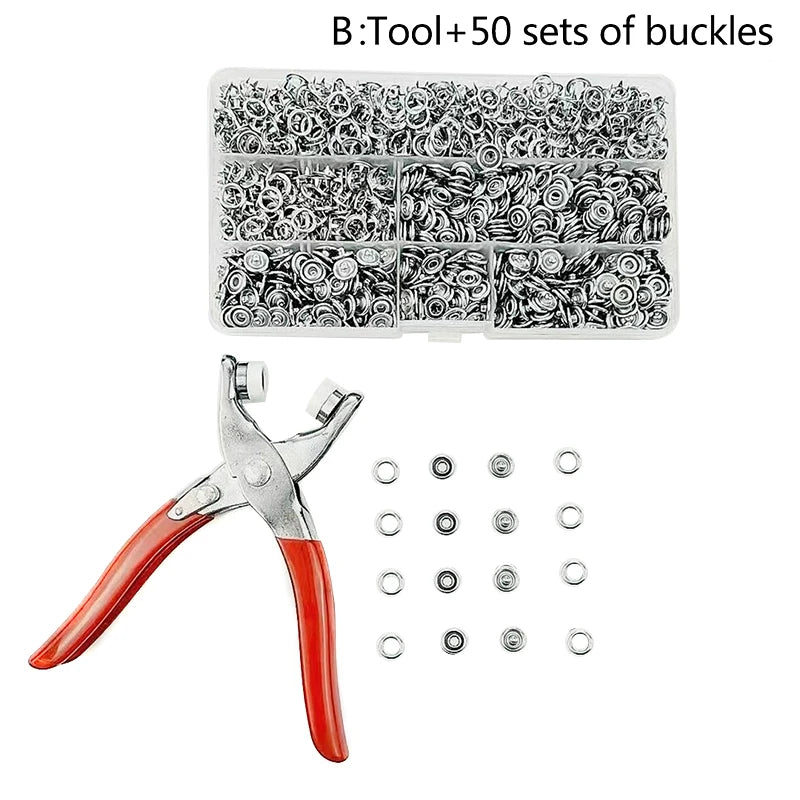 A set of buckles and a pair of pliers for fastener installation.