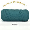A skein of teal green thick polyester blended yarn is shown rolled up for crafting.