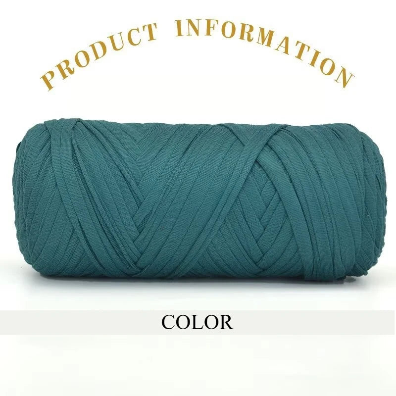 A skein of teal green thick polyester blended yarn is shown rolled up for crafting.