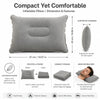 A gray inflatable neck pillow shown next to its folded form and storage options.