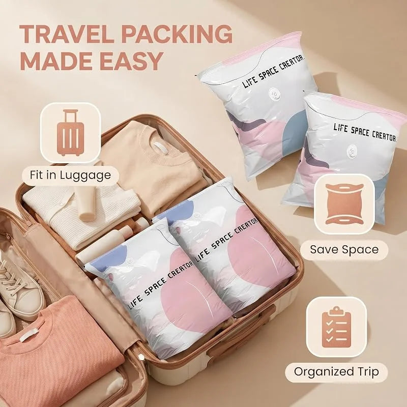 Travel packing made easy showing life space creator vacuum storage bags in a wooden suitcase