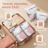 Travel packing made easy showing life space creator vacuum storage bags in a wooden suitcase