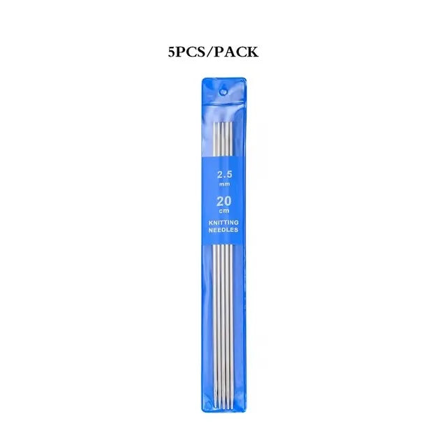 A pack of five stainless steel double-pointed knitting needles, 20 cm long.