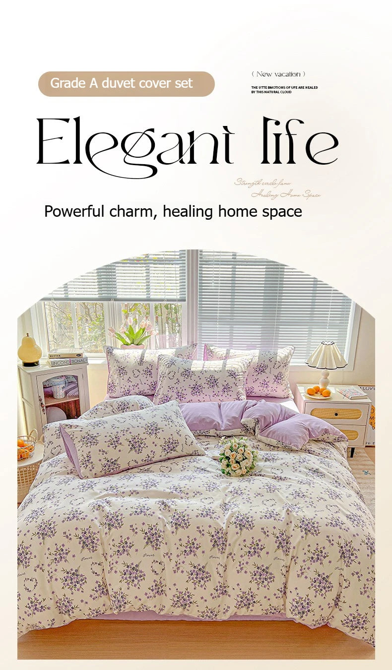 Elegant life Grade A duvet cover set featuring a floral printed bedding set in shades of lavender and pink.