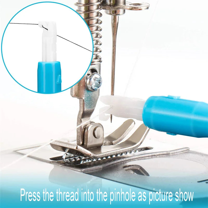 A close-up of a 2-in-1 automatic needle threader tool with a blue component pressing a thread into a pinhole.