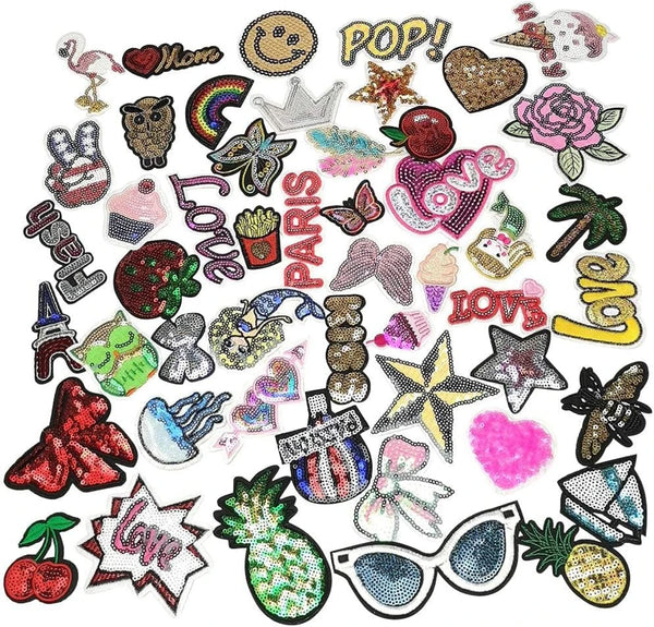 A collection of 30 multi-style iron-on embroidery patches featuring various designs like hearts, stars, and text.