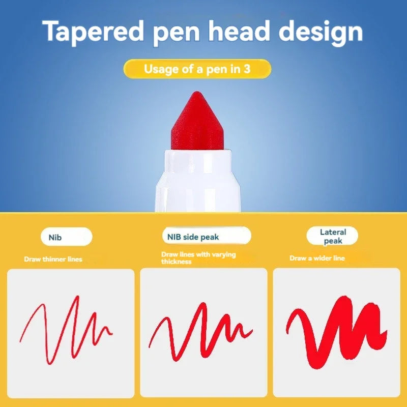 A set of washable art markers demonstrating a tapered pen head design for drawing lines.