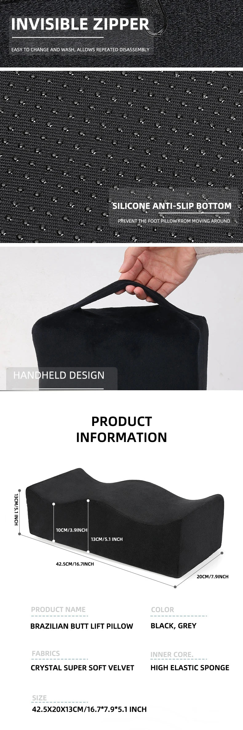 Black silicone anti-slip bottom handheld design seat cushion for tailbone relief