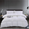 A white premium goose down comforter duvet is displayed on a bed with gray walls and modern lighting.