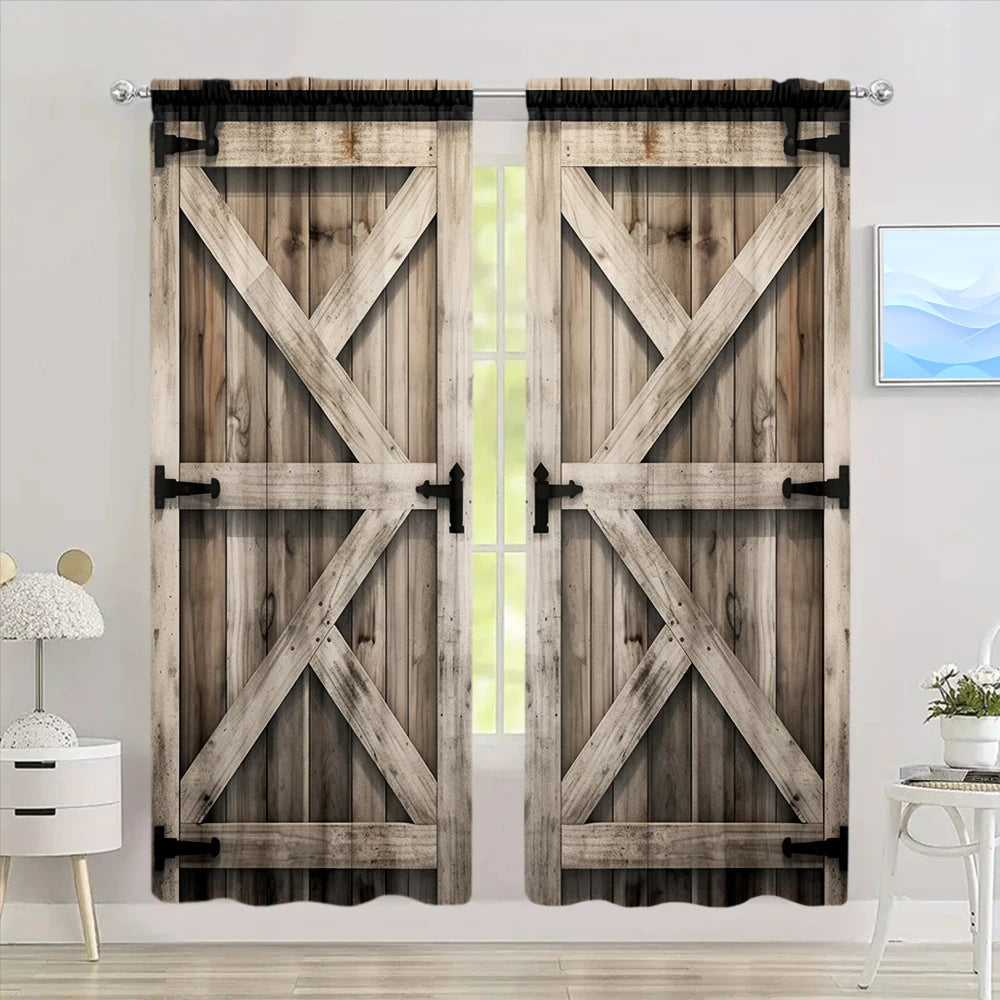 A pair of rustic wooden barn doors with cross bracing and a dark fabric lining, set in a bright room.