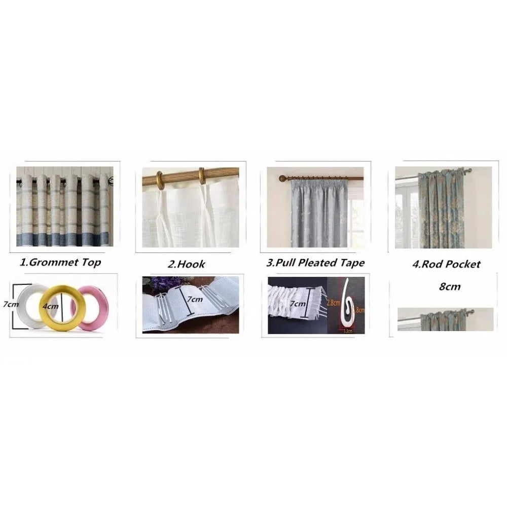 Set of embroidered floral tulle window curtains with hook, pull tape, and rod pocket.
