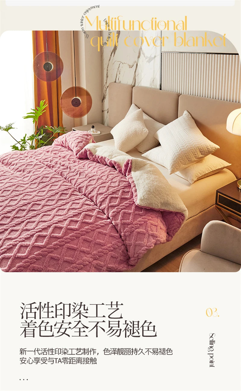 A pink quilted blanket is draped over a beige sofa next to a window with natural light.