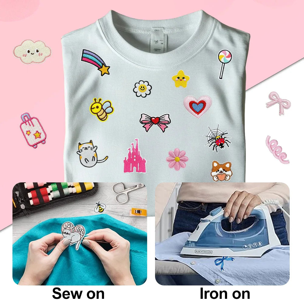 A white t-shirt featuring assorted colorful cartoon embroidery patches for DIY and apparel projects.