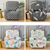 A set of three upholstered armchairs featuring different floral and patterned slipcovers.