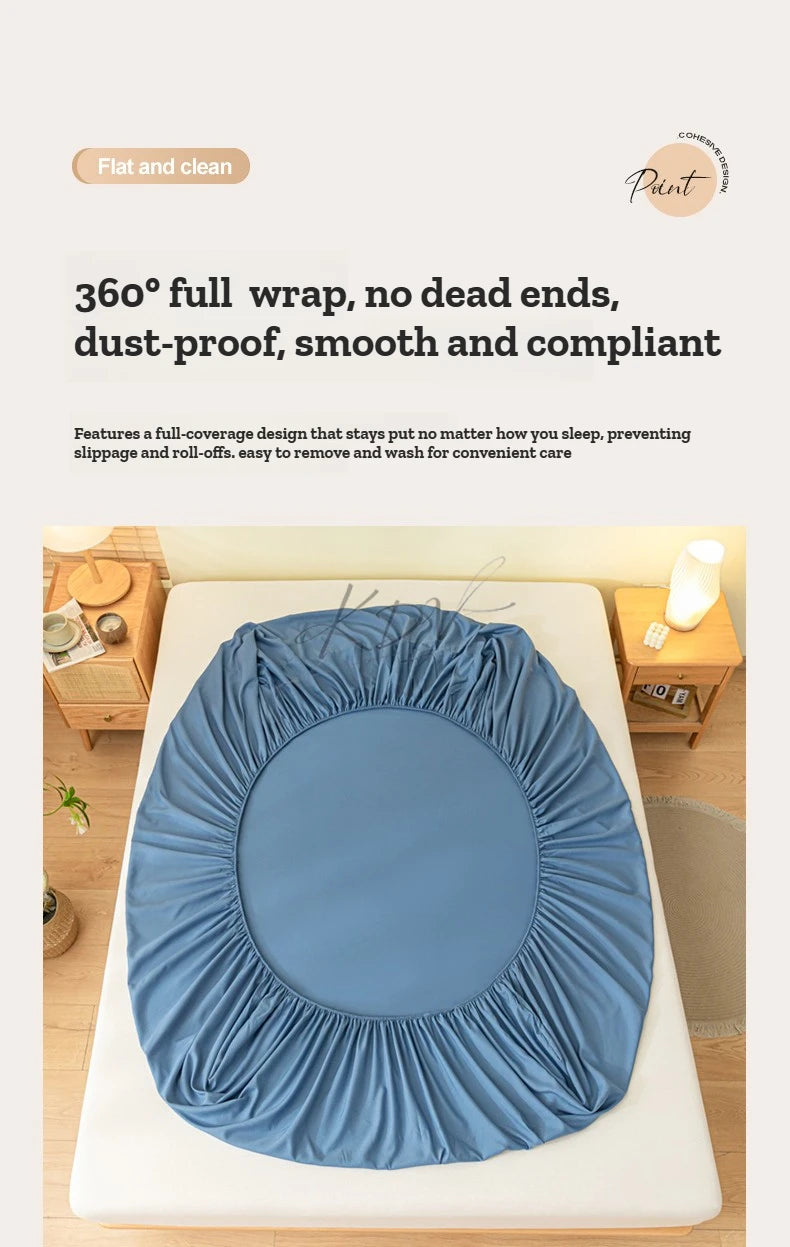 A rolled blue fitted sheet is displayed on a white bed, emphasizing its smooth and compliant design.