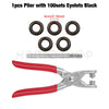 A set of black pliers with 100 eyelets and a red-handled precision tool for punching grommets.