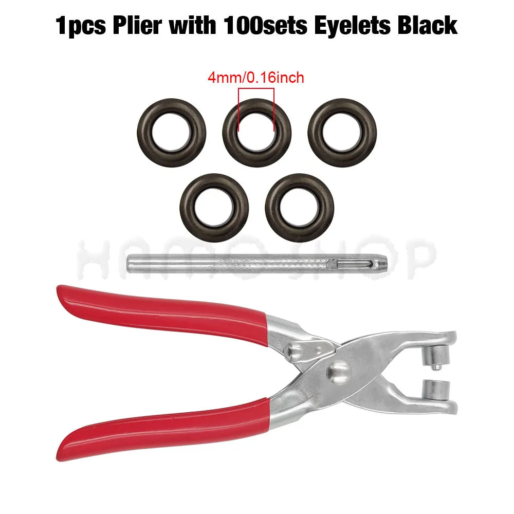 A set of black pliers with 100 eyelets and a red-handled precision tool for punching grommets.