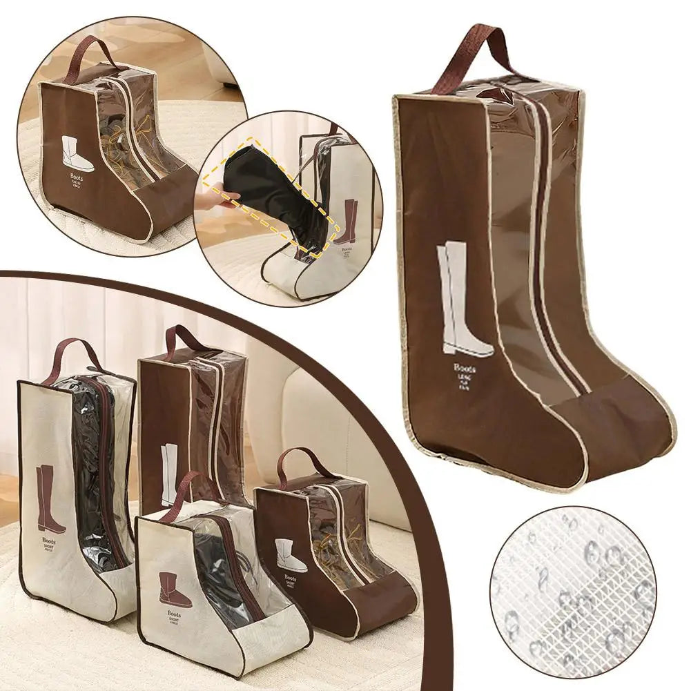 Brown boot storage bags with clear windows and carry handles shown in various angles.