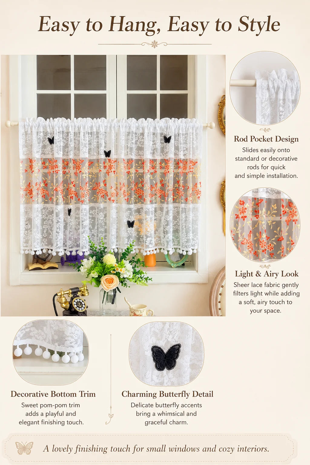 White lace cafe curtain with orange floral embroidery and butterfly applique hanging in a window.