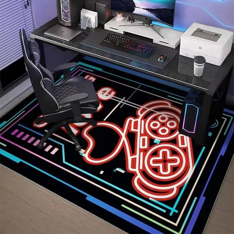 A black gaming setup featuring a neon hexagon area rug with glowing red lines and a white PC tower.