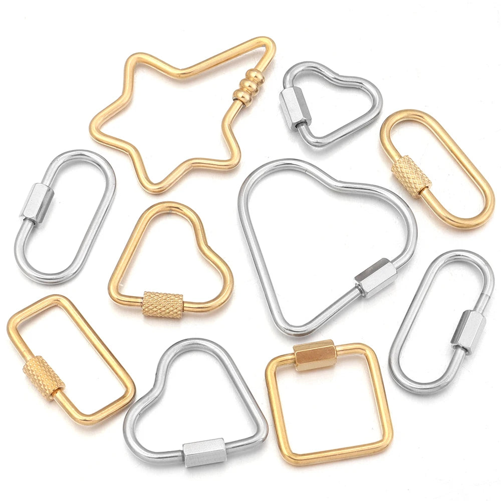 A collection of gold and silver heart-shaped screw lock carabiner clasps for jewelry making.