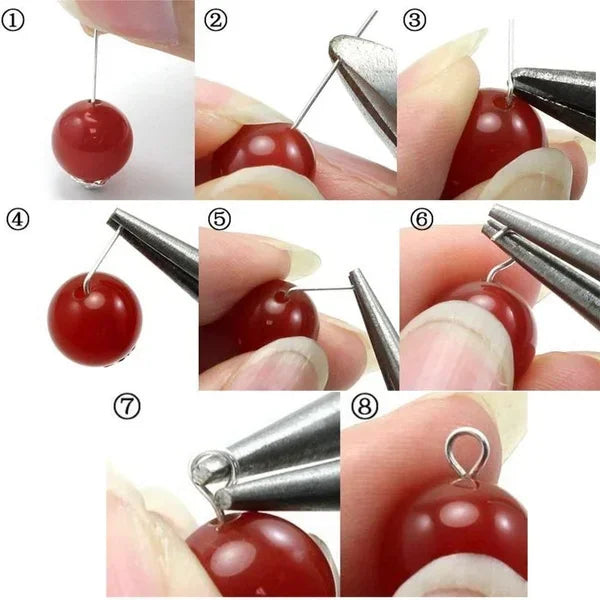 A series of steps demonstrating how to use stainless steel ball head pins for jewelry making on a cherry-like object.
