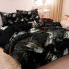 Black and white gothic sugar skull duvet cover set displayed on a bed.