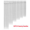 A set of 30 stainless steel sewing needles arranged vertically.