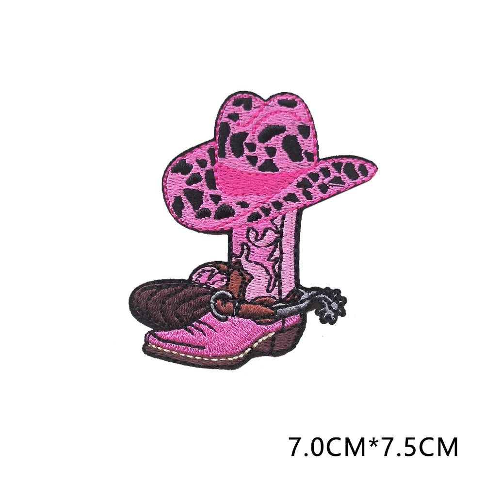 Pink leopard print cowboy hat and boot embroidery patch