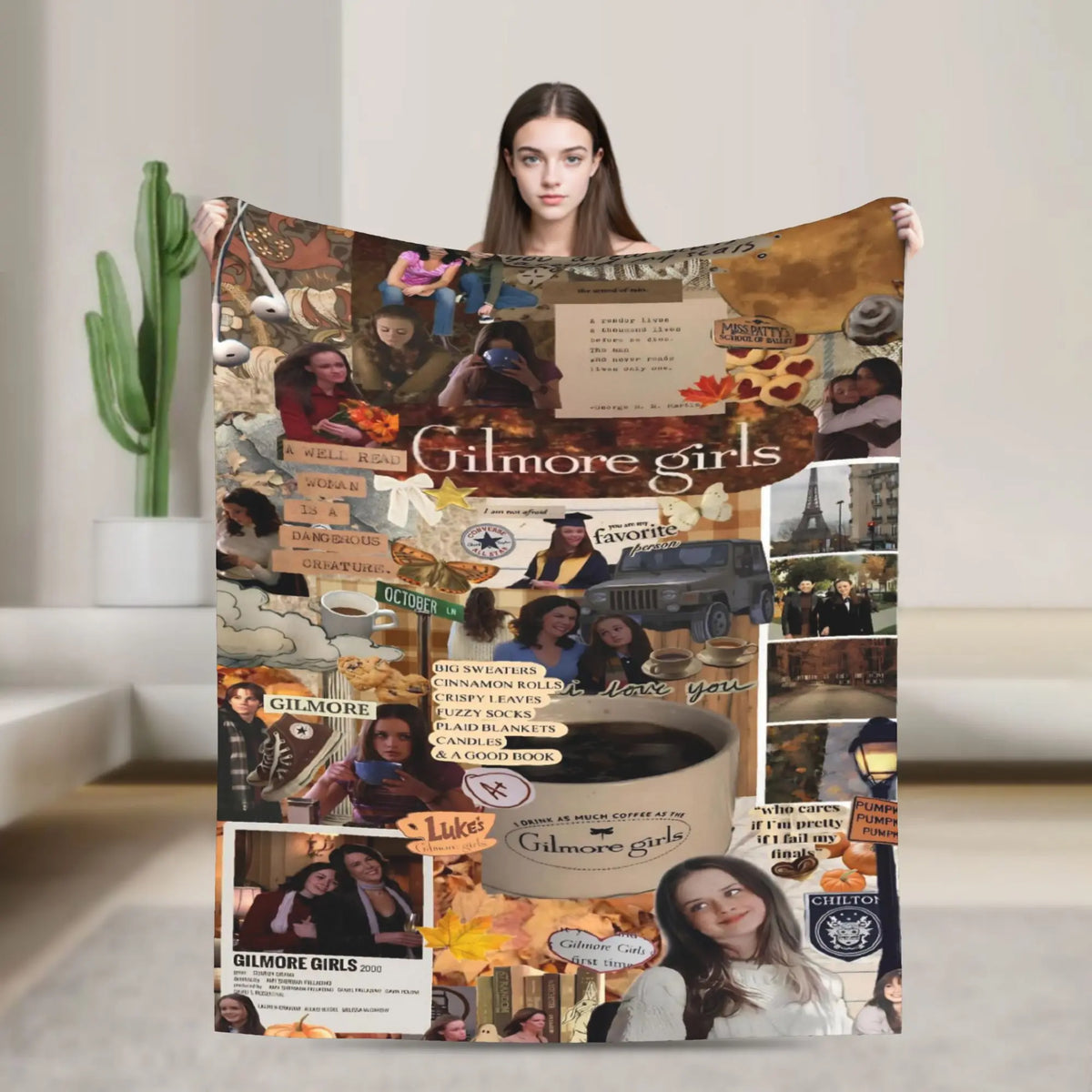 A cozy knit throw blanket featuring illustrations and text related to Gilmore Girls