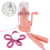 A pink hand knit loom with a handle and a pink yarn loop shown next to a zoomed-in view of the product.