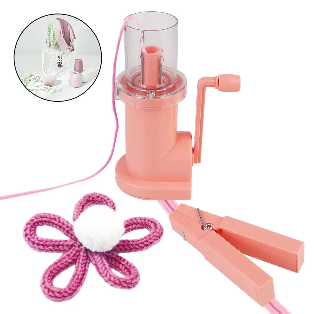A pink hand knit loom with a handle and a pink yarn loop shown next to a zoomed-in view of the product.