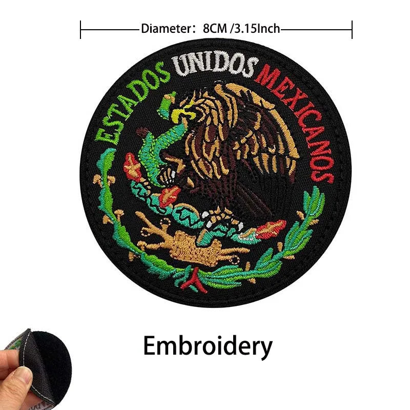 Black embroidered patch featuring the Mexican flag eagle design with text around the border