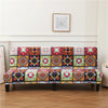 Geometric print spandex slipcovers for sofa beds featuring colorful floral and geometric patterns
