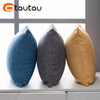 Three linen-style cushions in blue, gray, and beige are displayed against a white background.