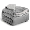 A folded gray sherpa fleece blanket with a white fluffy trim.