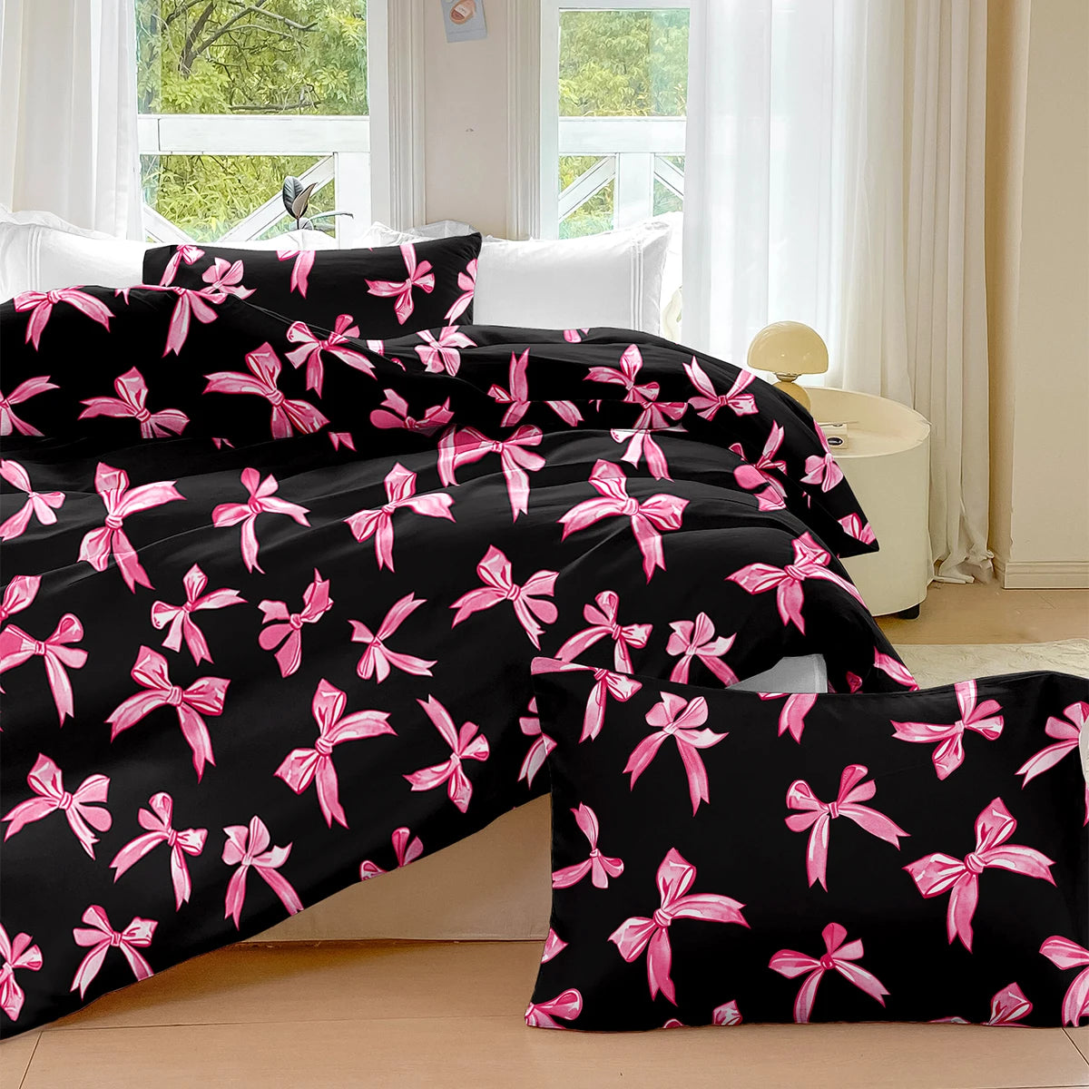 Black duvet cover set with pink plaid bow print and matching pillowcases