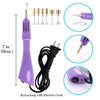 A purple rhinestone set with an applicator tool and extra-long electric cord shown with various sizes.