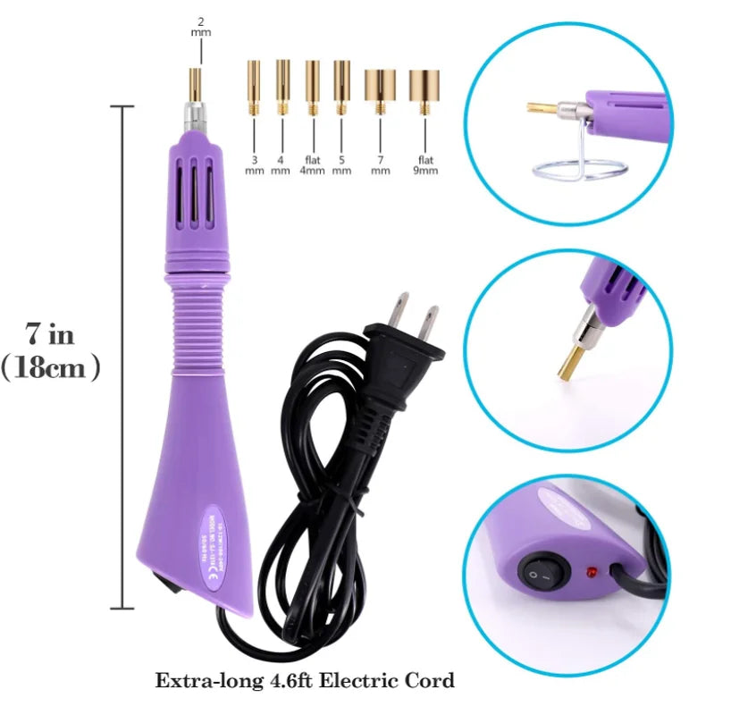A purple rhinestone set with an applicator tool and extra-long electric cord shown with various sizes.
