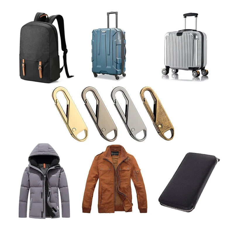 A collection of a black backpack, a blue suitcase, three gold zipper sliders, and a brown jacket with a hood.