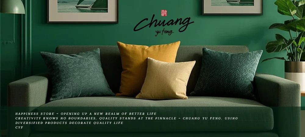A sofa decorated with yellow and dark green pillows in a modern room.