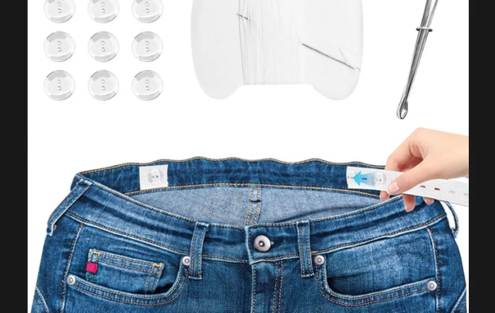 A close-up of a denim jean waistband showing an invisible self-adjusting belt tightener and a metal tool.