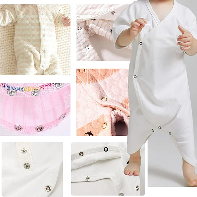 White baby outfit featuring pink and beige plaid fabric with metal snap buttons