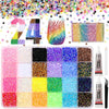 A collection of colorful glitter and rhinestones in various shades and sizes displayed in a clear plastic container.